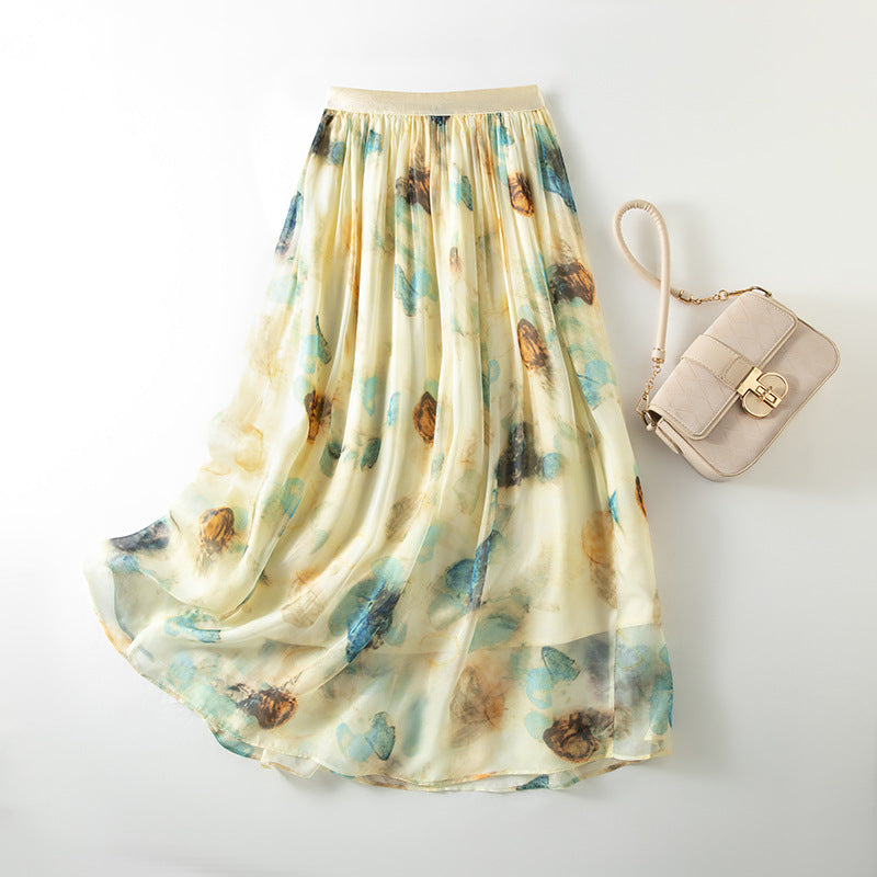Pleated Peony Print Silk Maxi Skirt