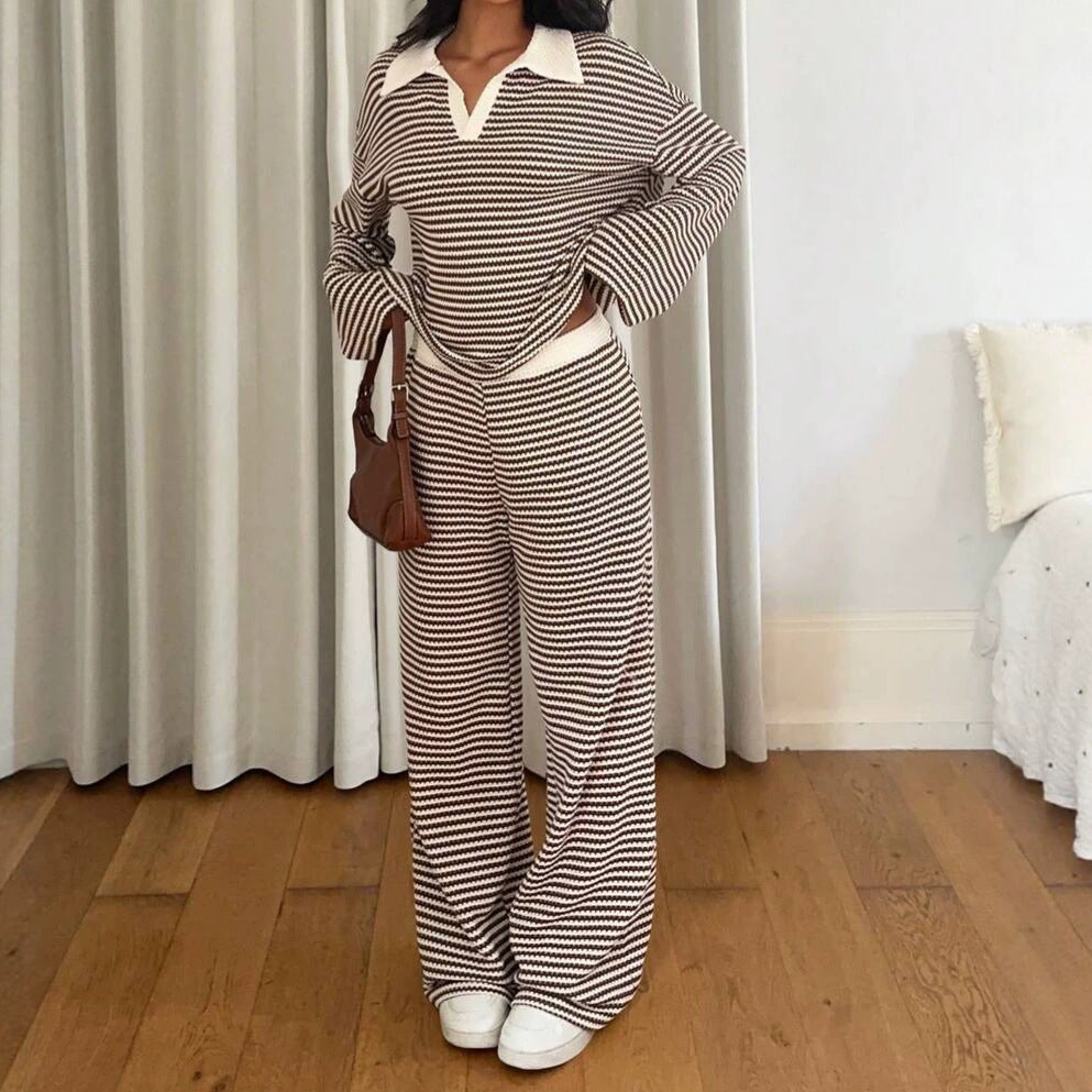 Long Sleeve Contrast Stripe Top & Wide Leg Pants Set