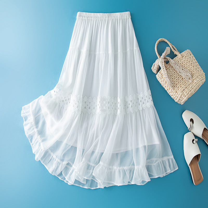 Silk & Lace Flared Skirt - White