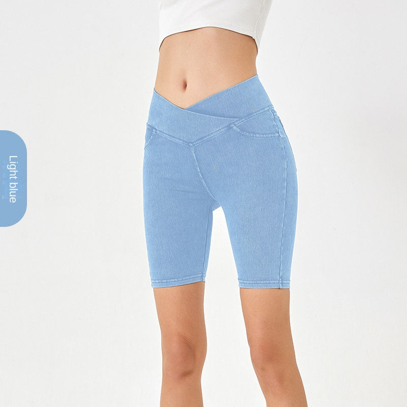 High-Waisted Stretch Denim Cycling Shorts