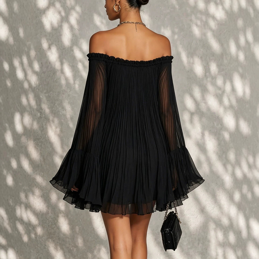 Off-Shoulder Backless Pleated Mini Dress