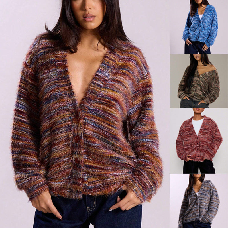 Deep V-Neck Melange Fleece Cardigan