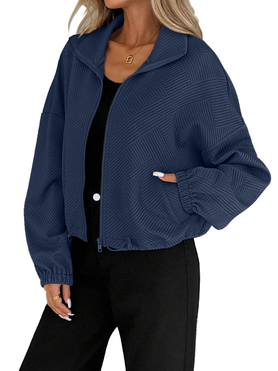 Stand Collar Zip-Up Jacket with Drawstring Hem