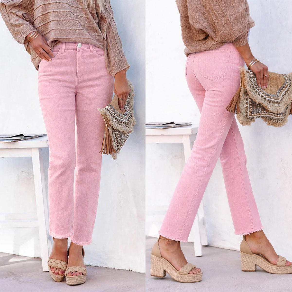Straight Leg Raw-Hem Ankle Jeans - White