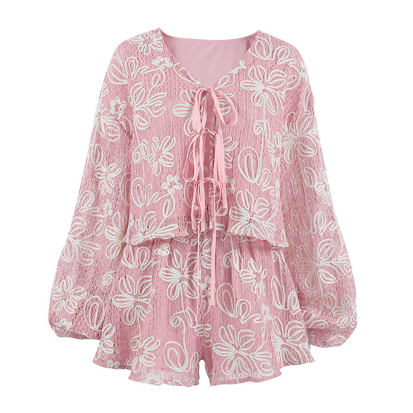 Lace-Up V-Neck Top & Shorts Set