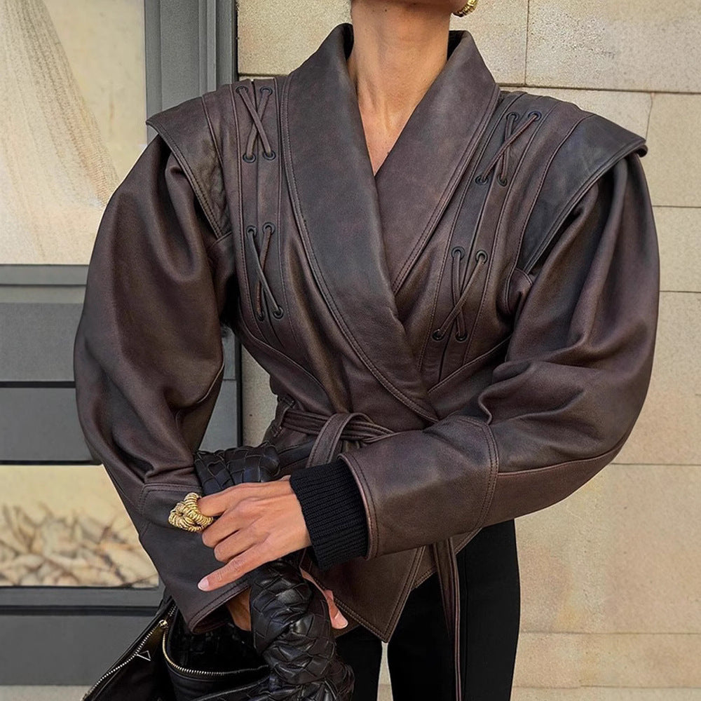 Lace-Up Cropped Faux Leather Jacket