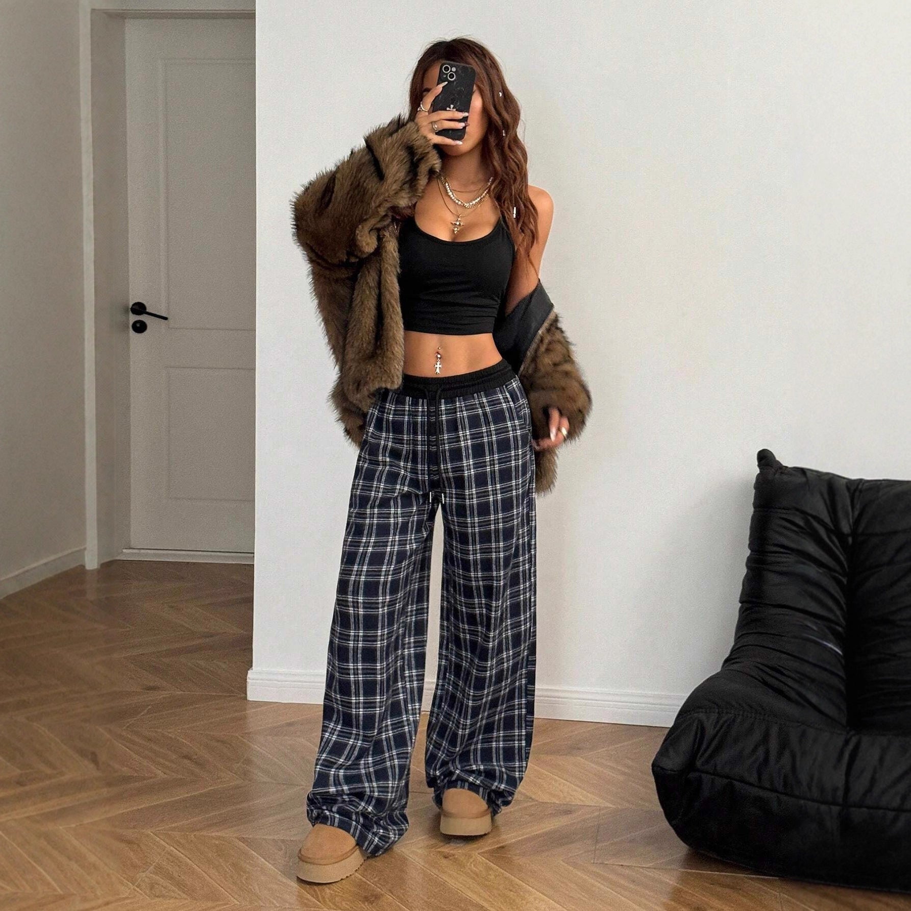 High-Waist Plaid Patchwork Sweatpants