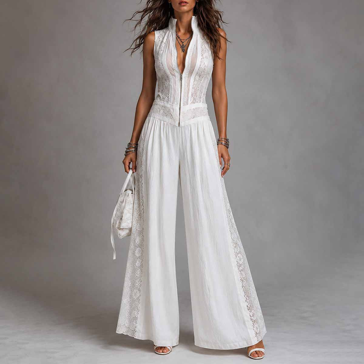 High-Waist Lace Patchwork Jumpsuit