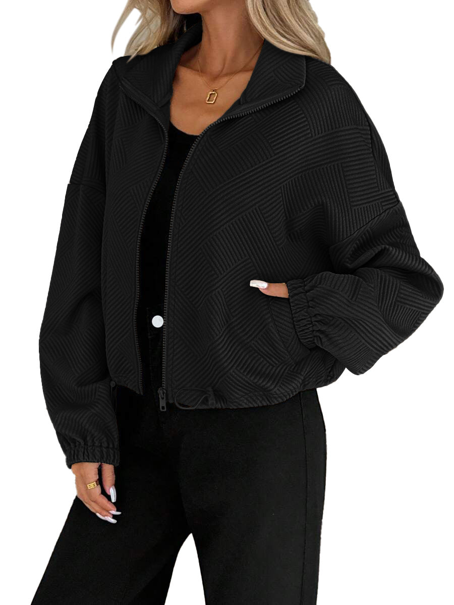 Stand Collar Zip-Up Jacket with Drawstring Hem