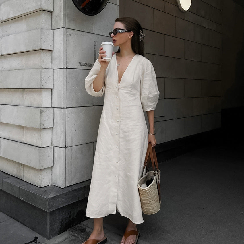 Bubble-Sleeve V-Neck Midi Dress