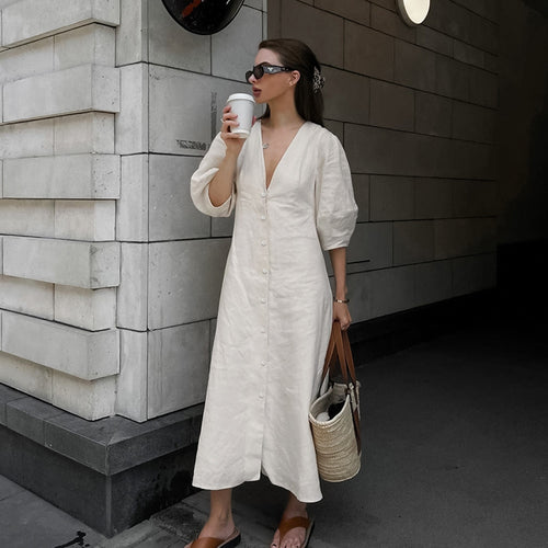 Bubble-Sleeve V-Neck Midi Dress