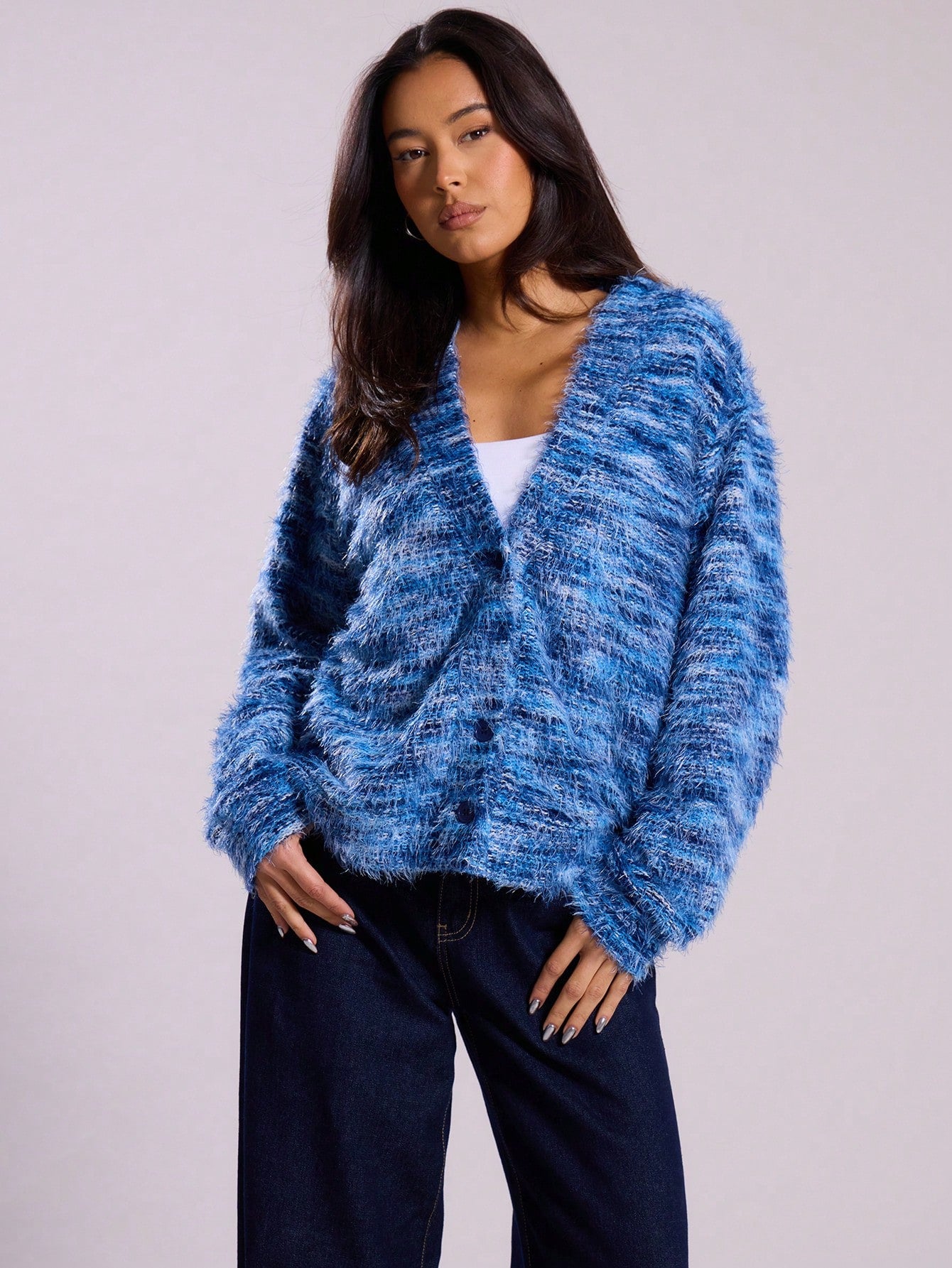 Deep V-Neck Melange Fleece Cardigan