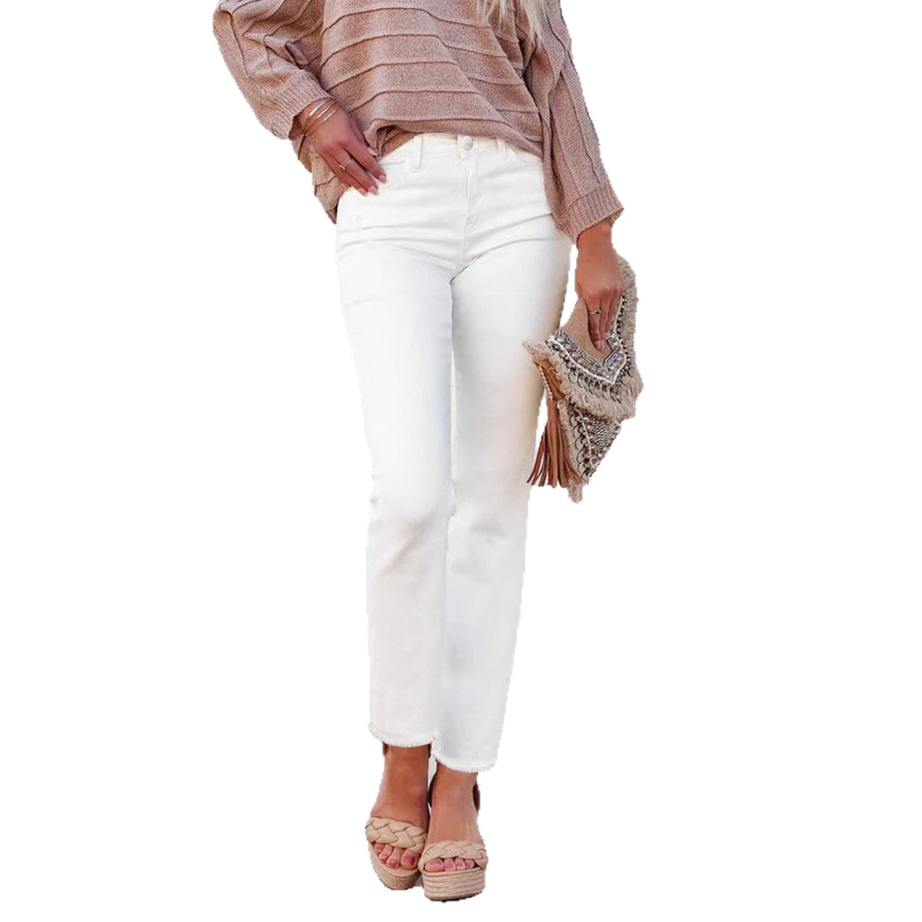 Straight Leg Raw-Hem Ankle Jeans - White