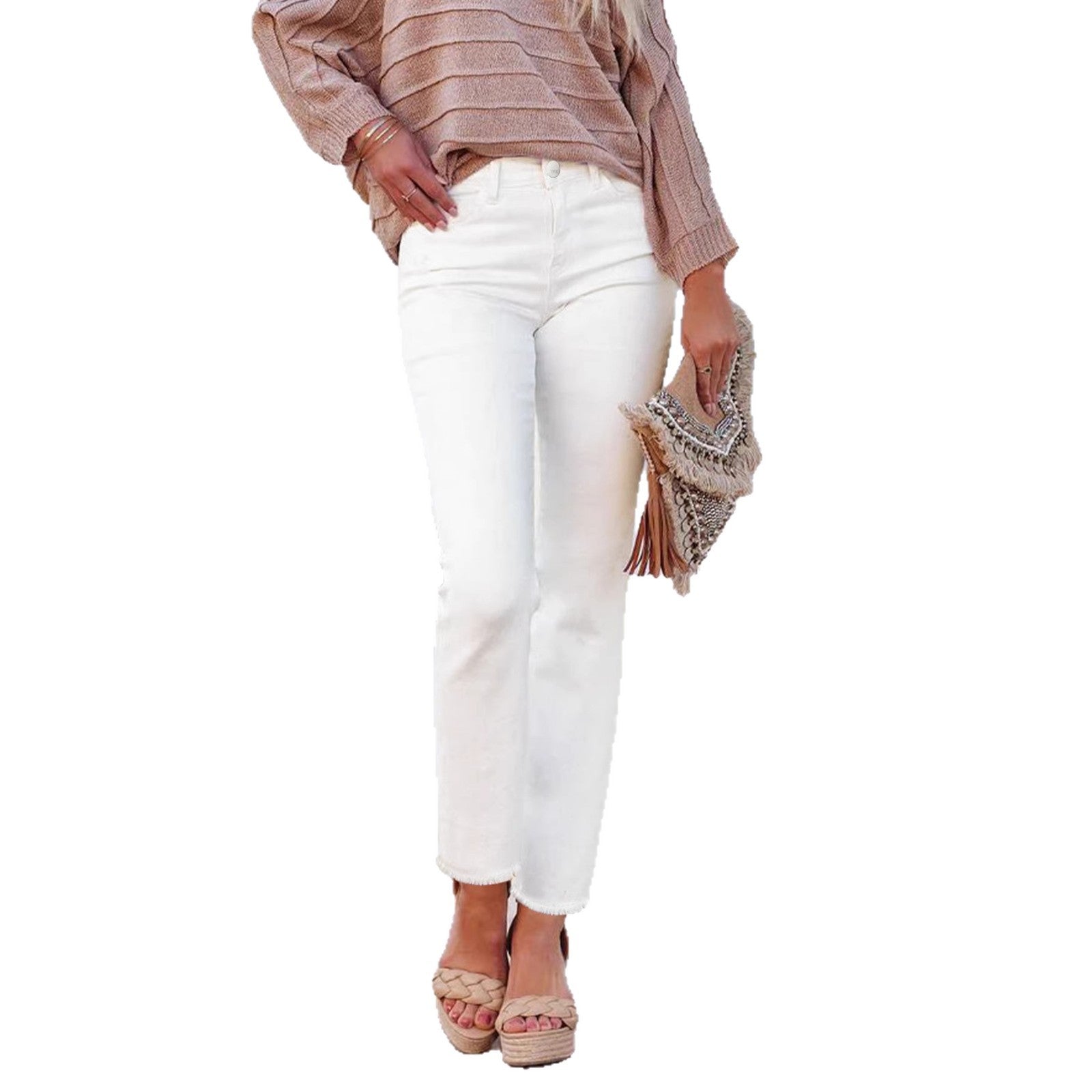Straight Leg Raw-Hem Ankle Jeans - White