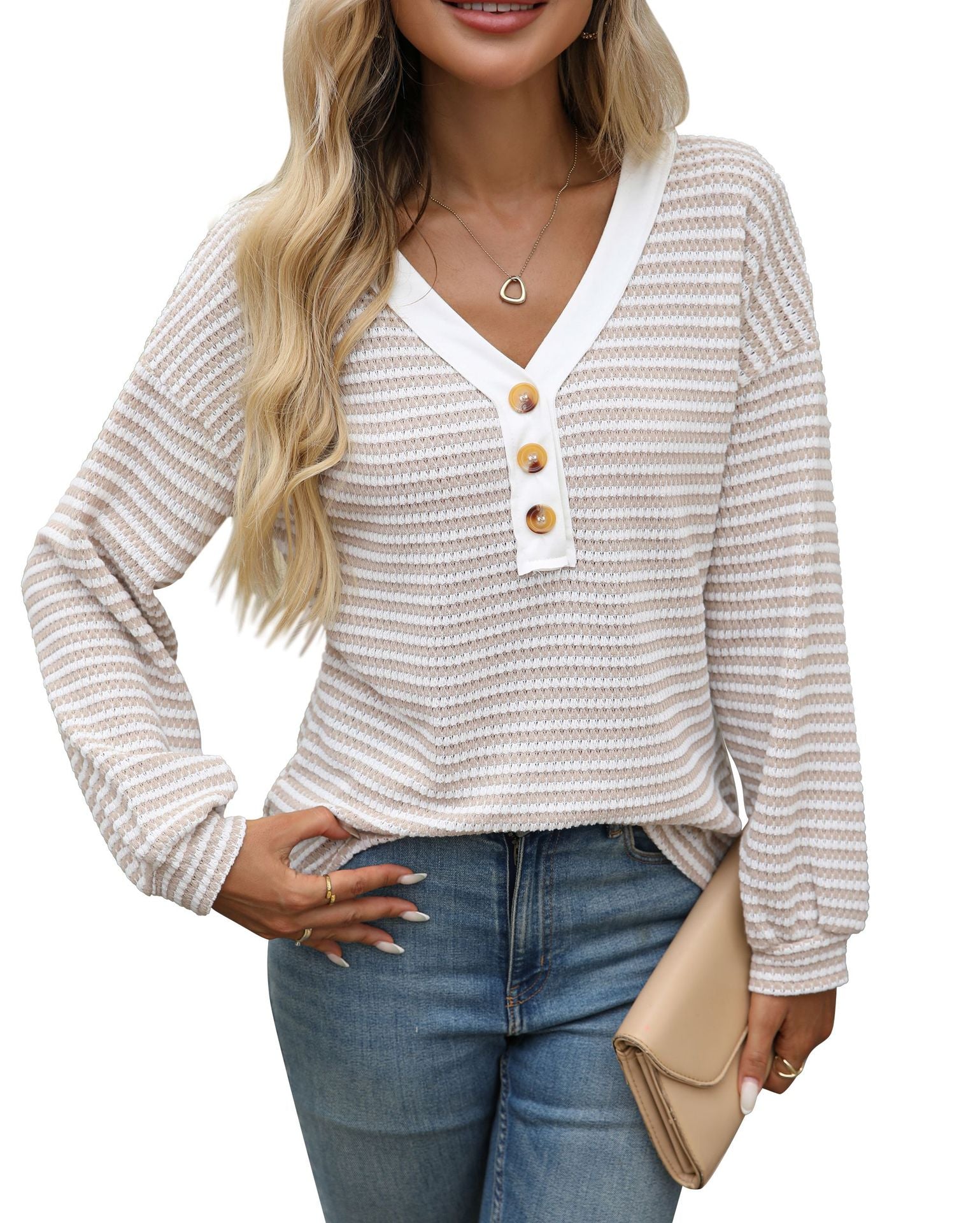V-Neck Button Color-Block Long Sleeve Top