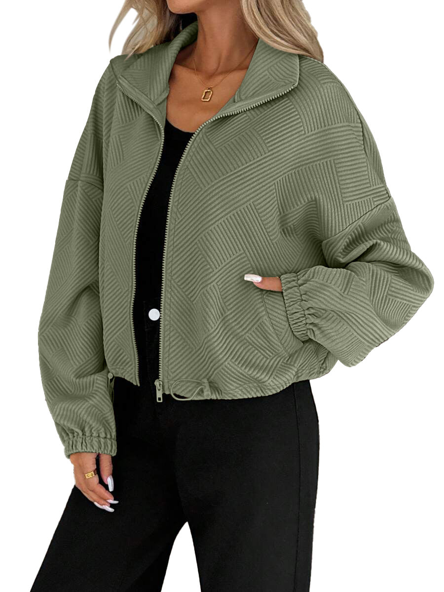 Stand Collar Zip-Up Jacket with Drawstring Hem