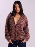 Deep V-Neck Melange Fleece Cardigan