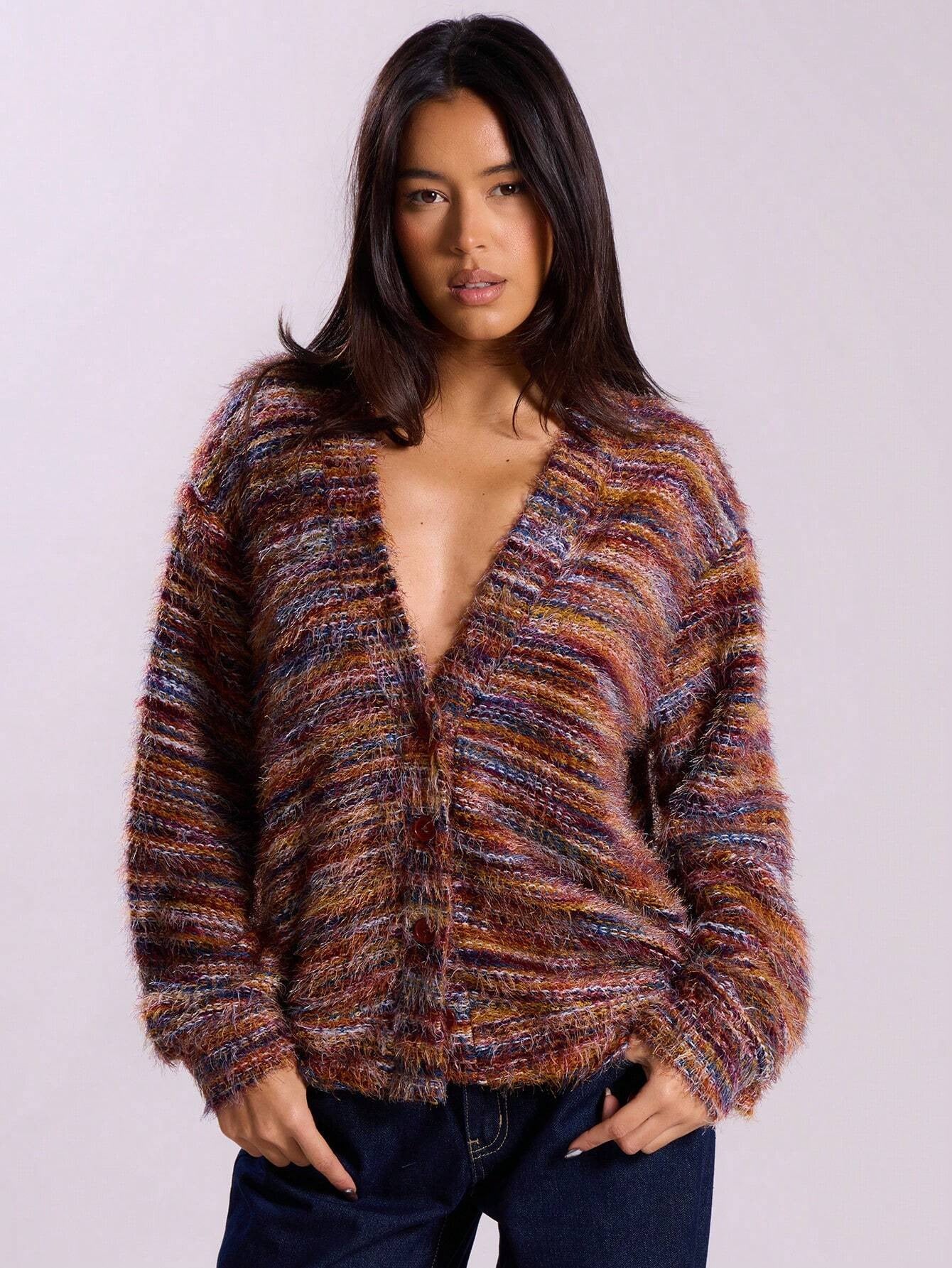 Deep V-Neck Melange Fleece Cardigan