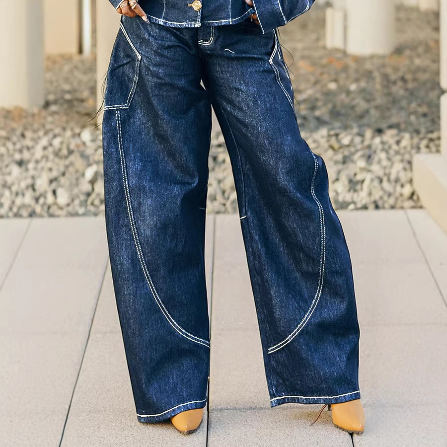 Curved Hem Stitched Denim Pants