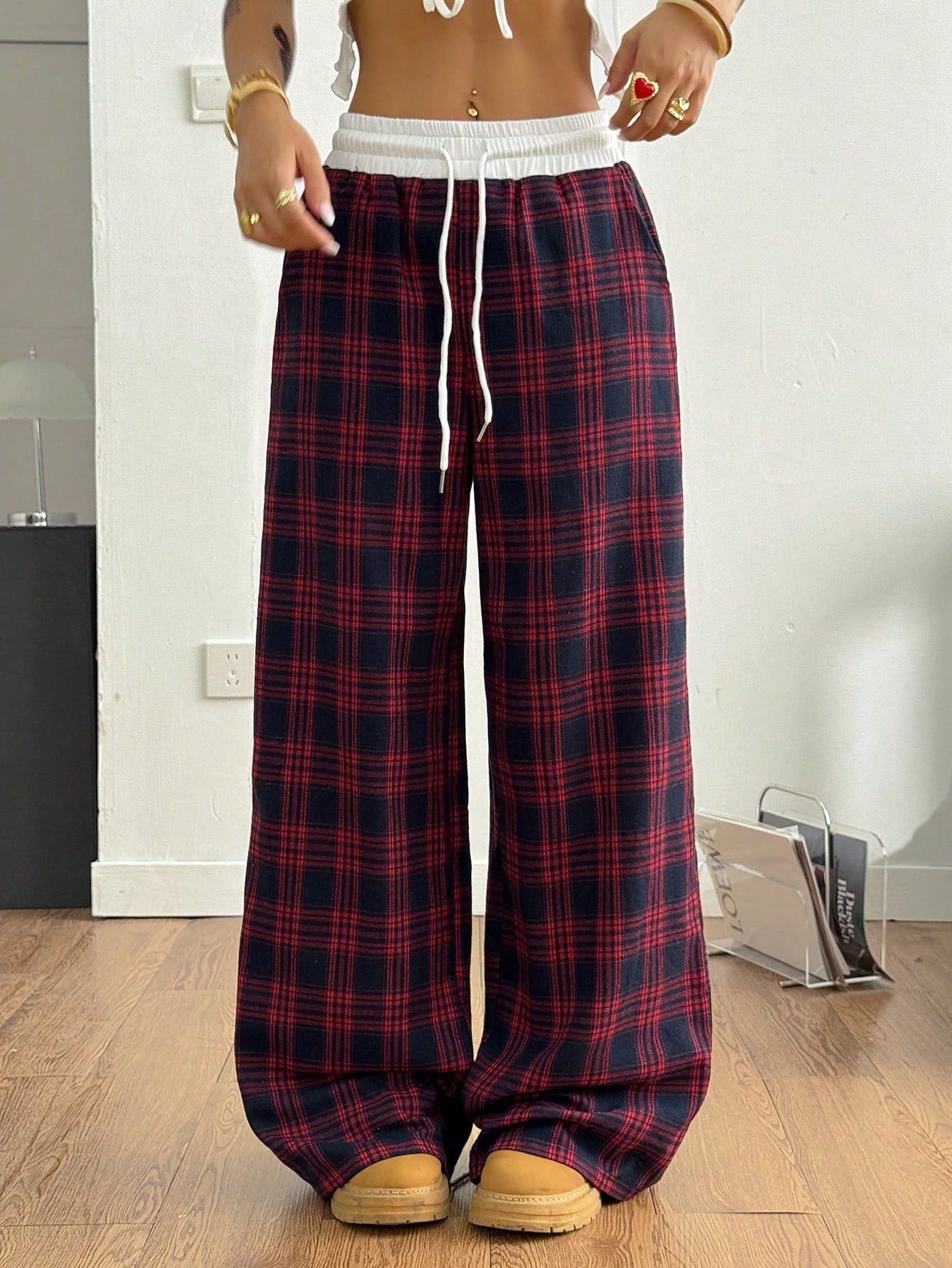 High-Waist Plaid Patchwork Sweatpants