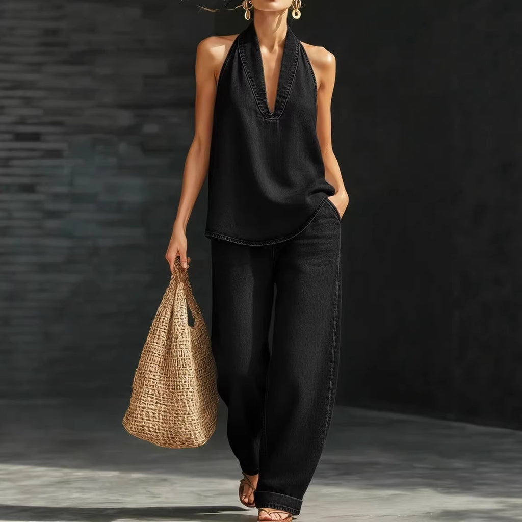 V-Neck Sleeveless Top & Straight-Leg Pants Set