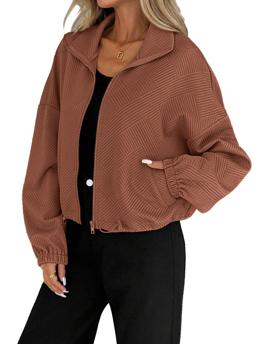 Stand Collar Zip-Up Jacket with Drawstring Hem