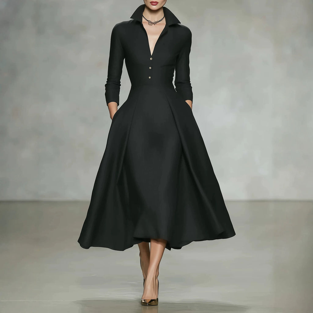V-Neck Cinched-Waist Long Sleeve Dress