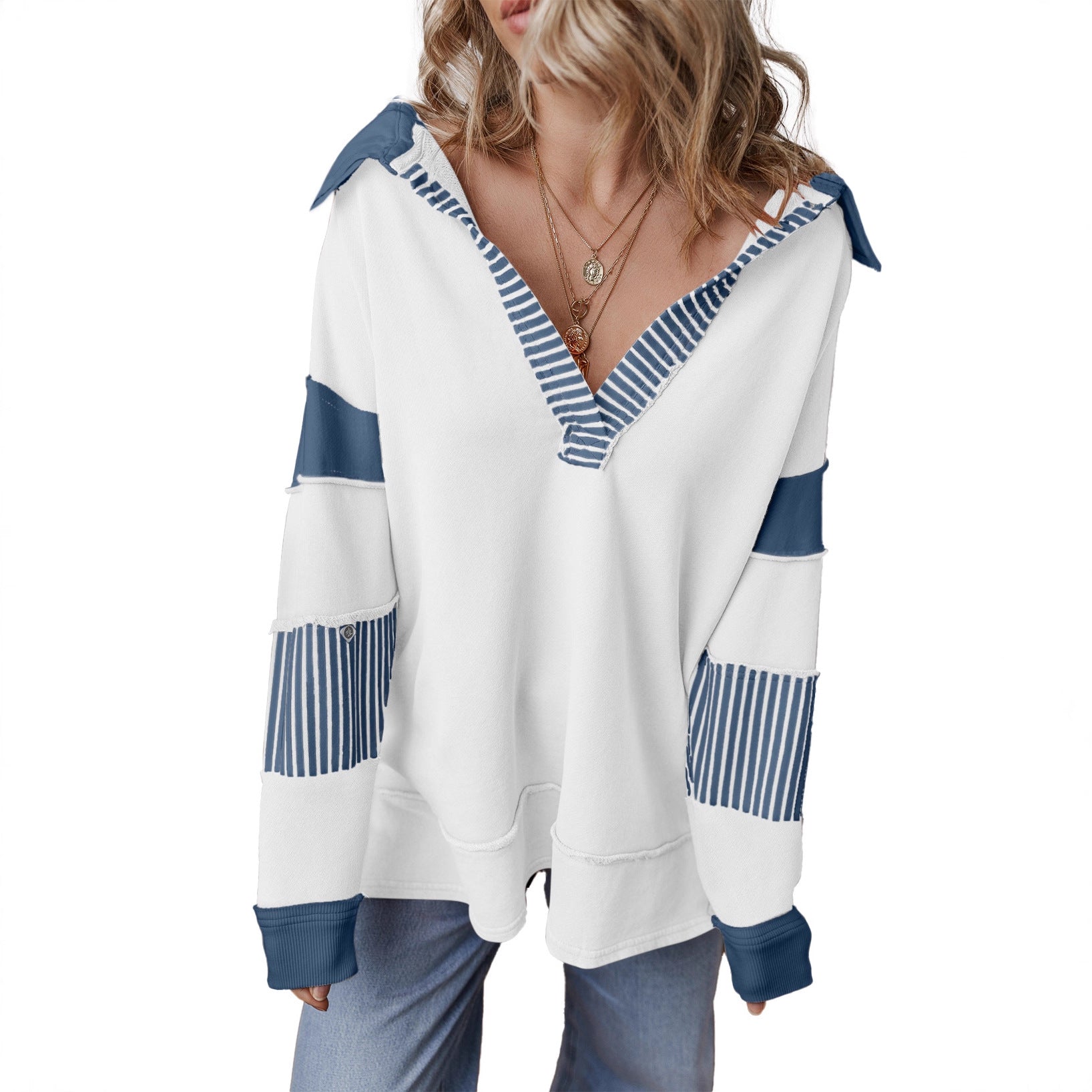Deep V-Neck Striped Color-Block Sweatshirt
