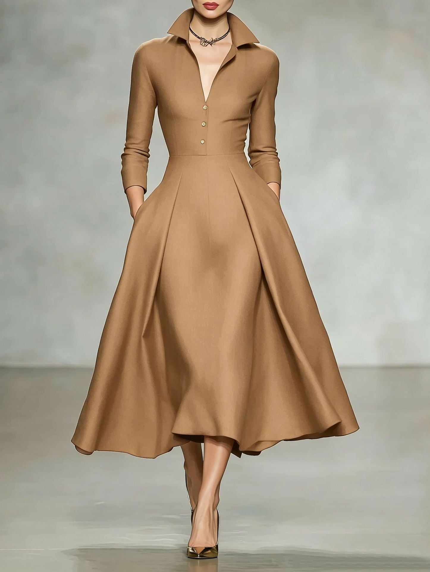 V-Neck Cinched-Waist Long Sleeve Dress