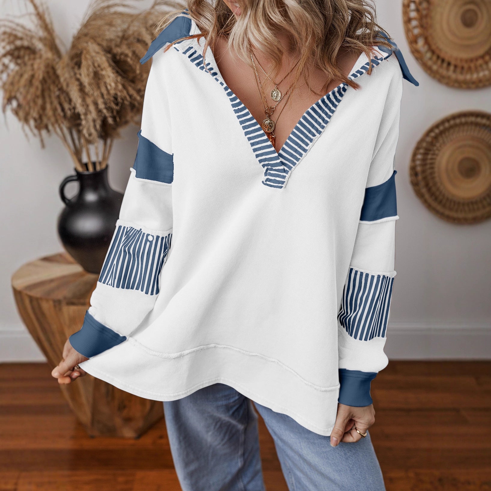 Deep V-Neck Striped Color-Block Sweatshirt