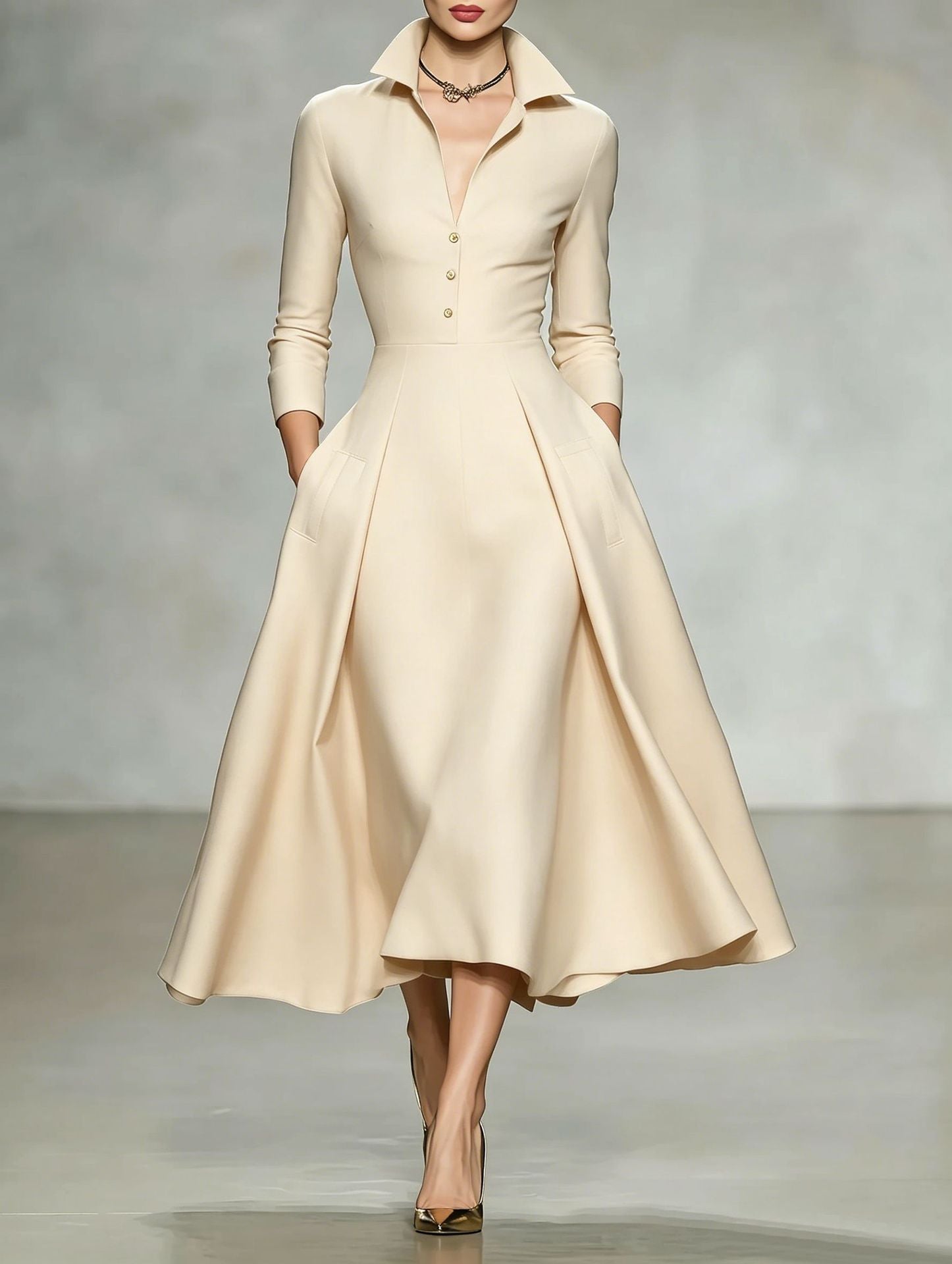 V-Neck Cinched-Waist Long Sleeve Dress