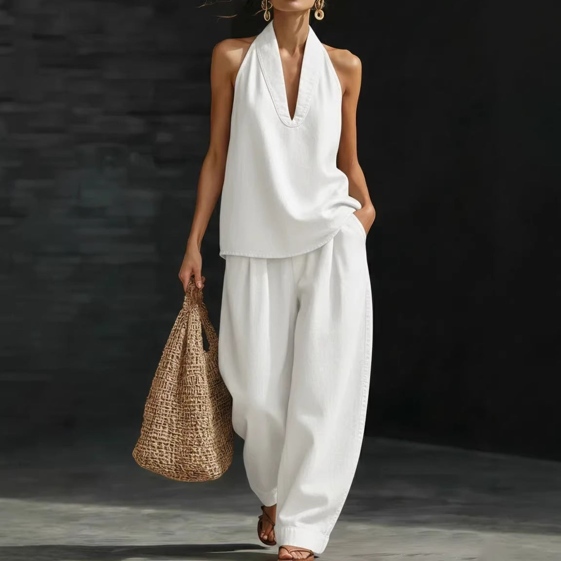 V-Neck Sleeveless Top & Straight-Leg Pants Set