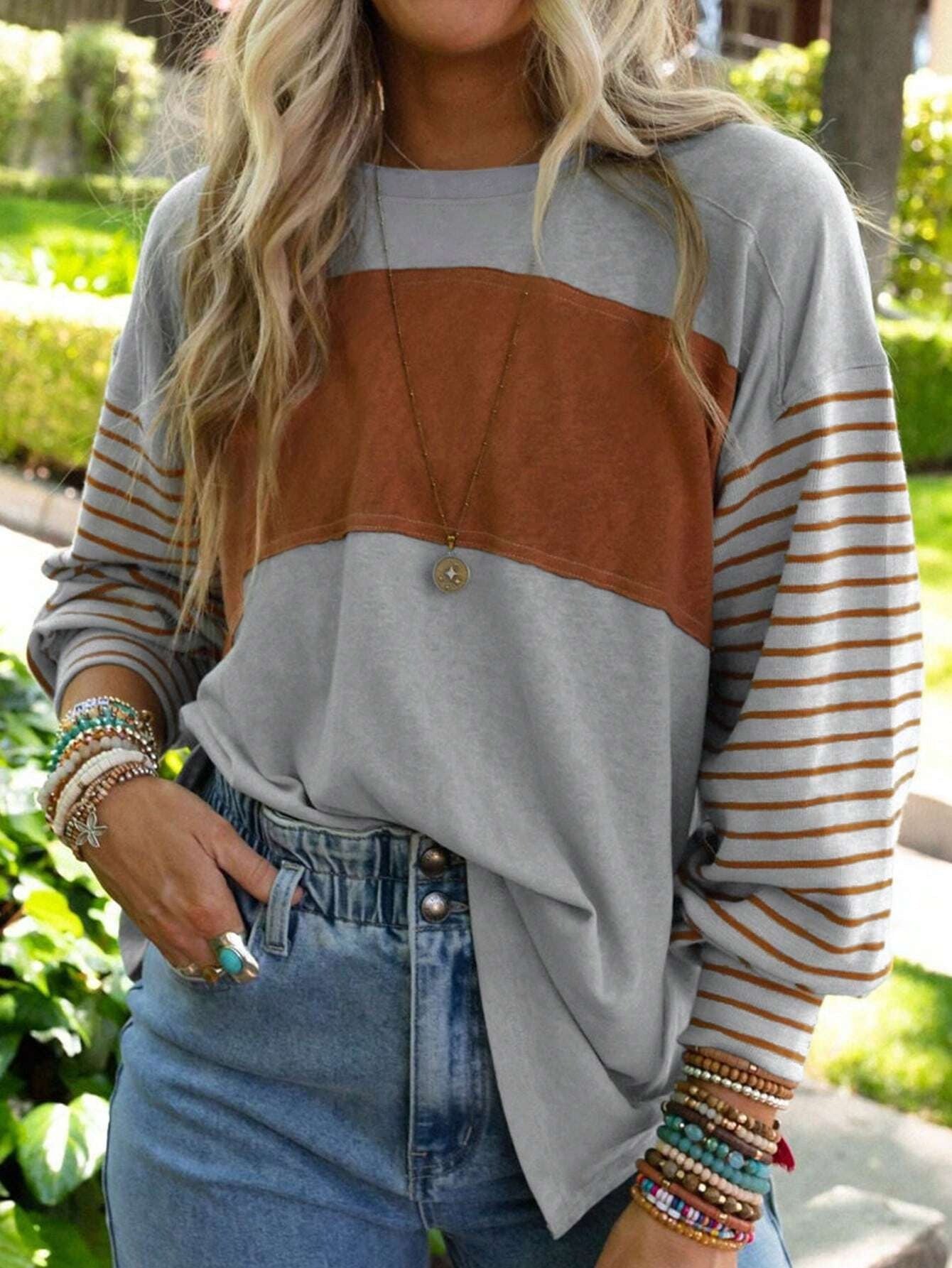 Round Neck Color-Block Striped Pullover