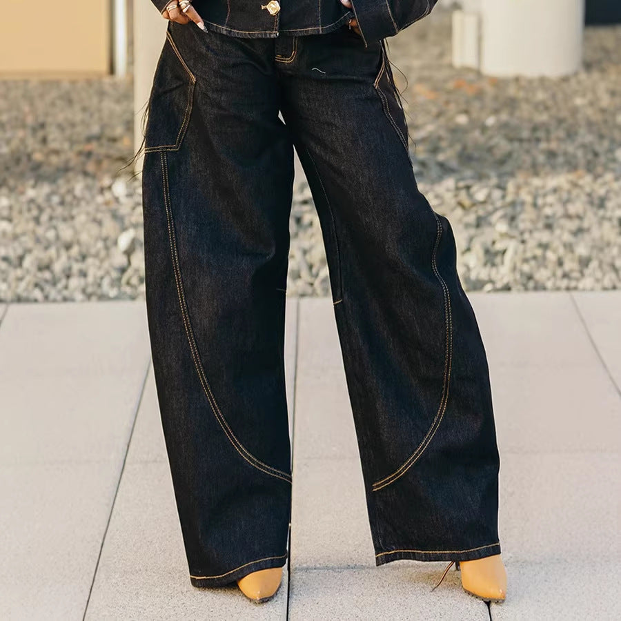 Curved Hem Stitched Denim Pants