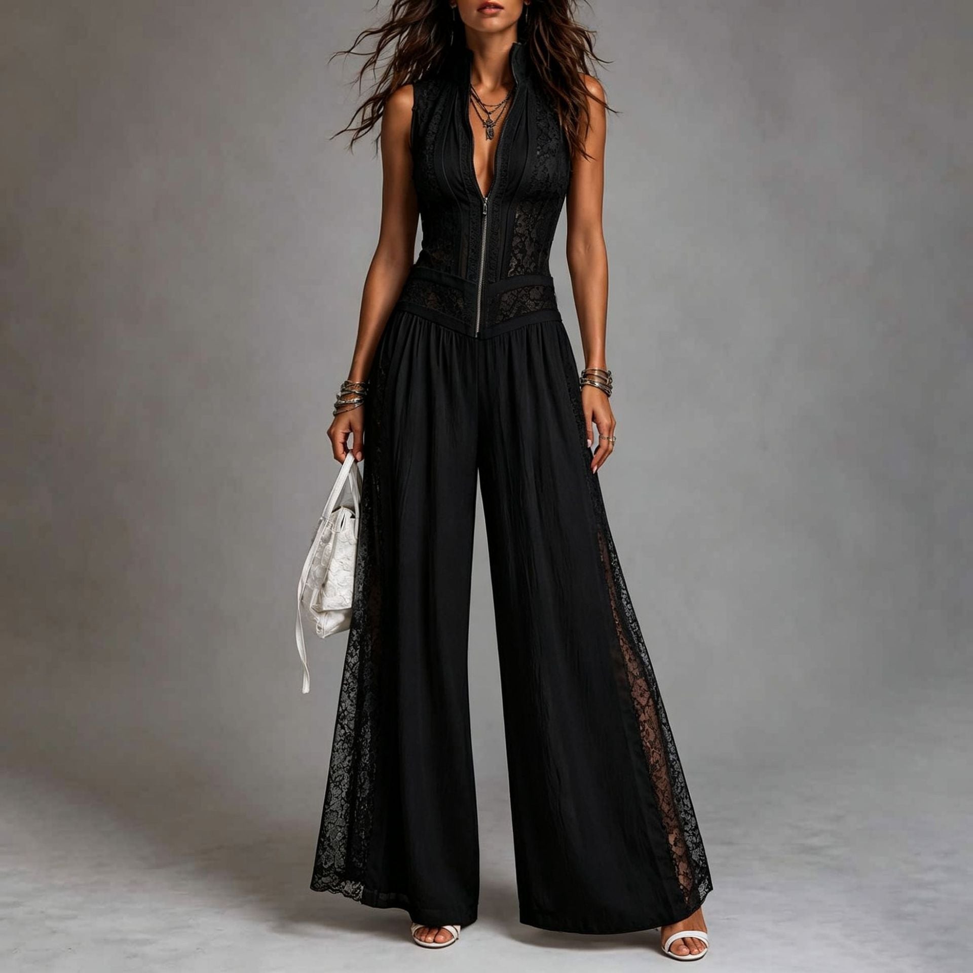 High-Waist Lace Patchwork Jumpsuit